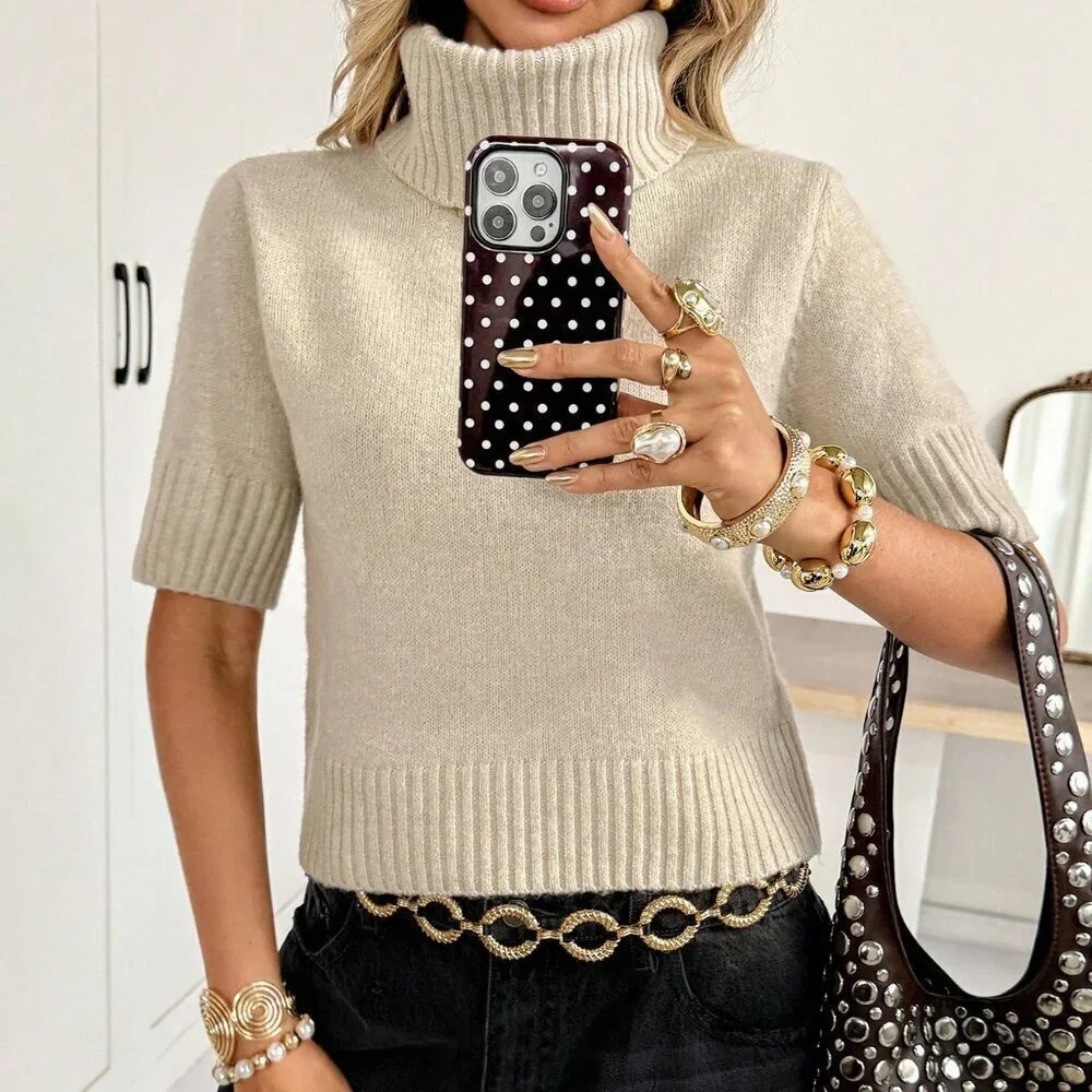 Apricot Preppy Women's Turtleneck Short Sleeve Knit Sweater